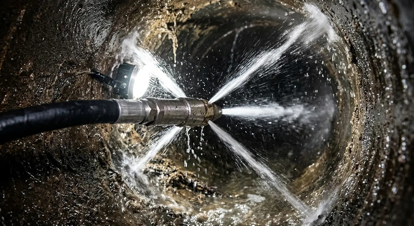 High-pressure hydro jetting nozzle cleaning sewer pipe for Storm Drain Cleaning in Fayetteville