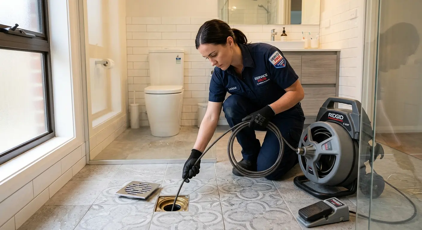 Technician clearing a bathroom floor drain for Sewer Line Replacement in Fayetteville